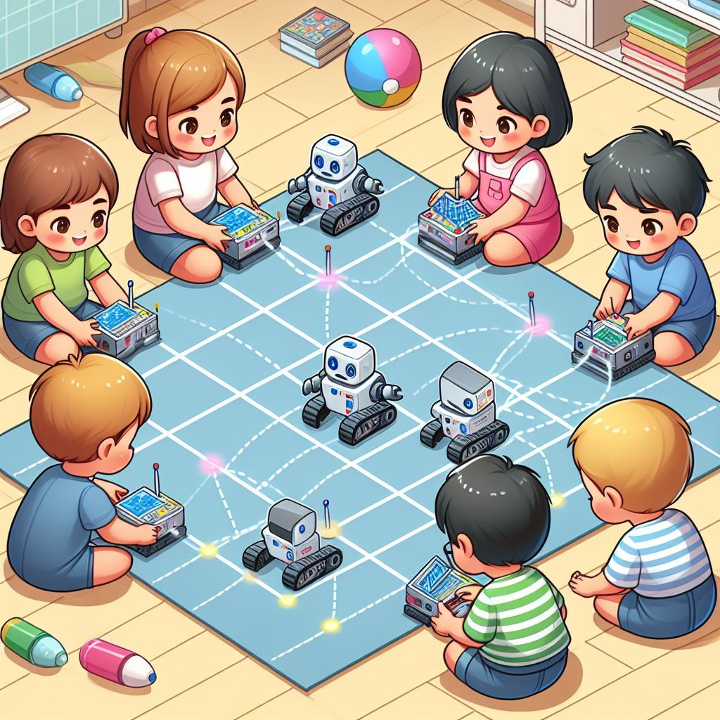 Niños jugando con robots de suelo